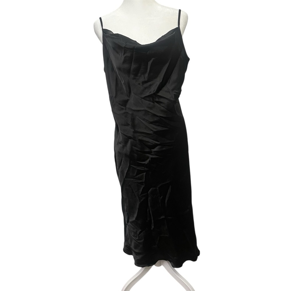VTG Bebe Black Satin Cowl Neck Slip Dress Large Made in USA Y2K Whimsigoth Fairy